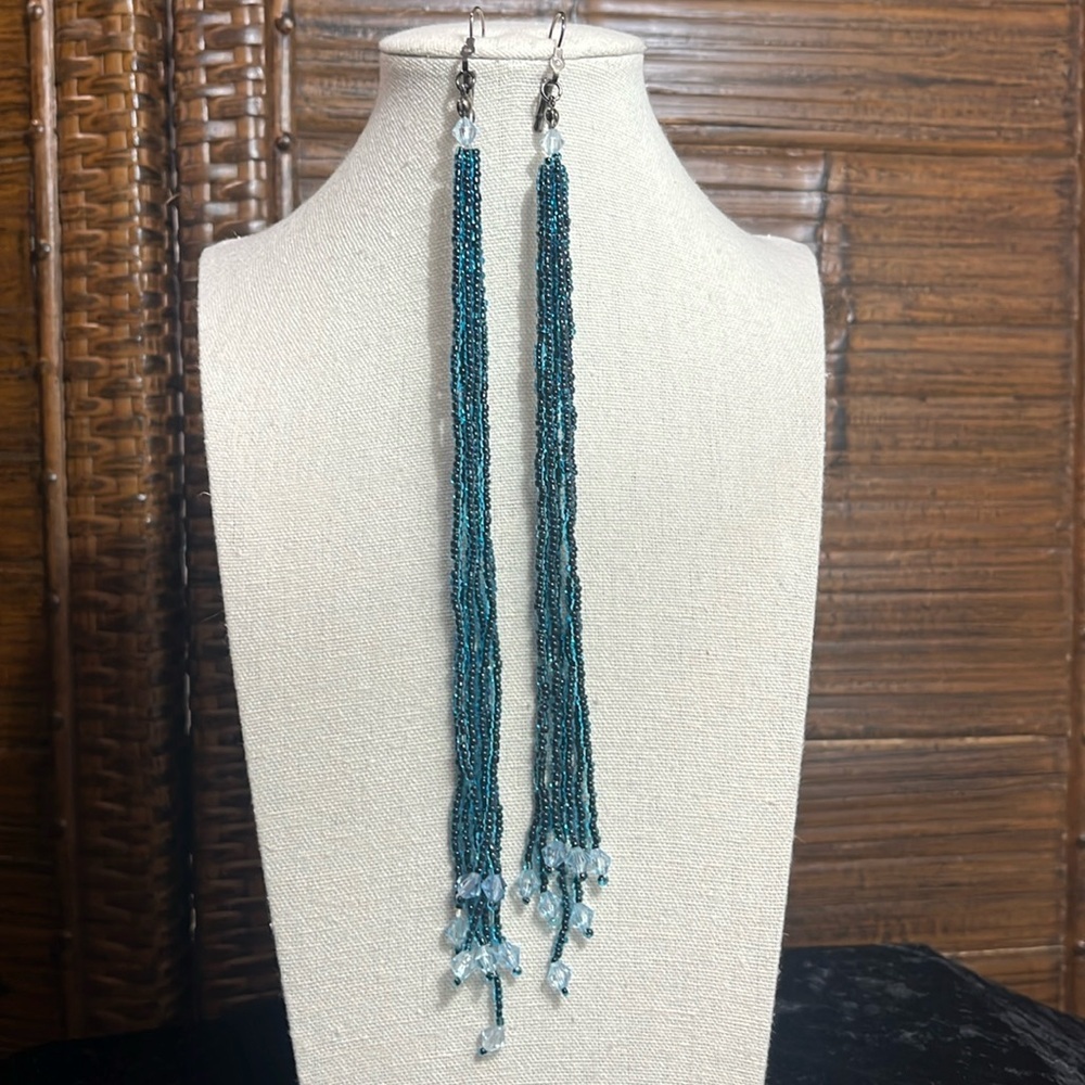 Artisan Boho Extra Long Tassel Fringe Peacock Blue Seed Beaded Dangle Earrings - Picture 2 of 9